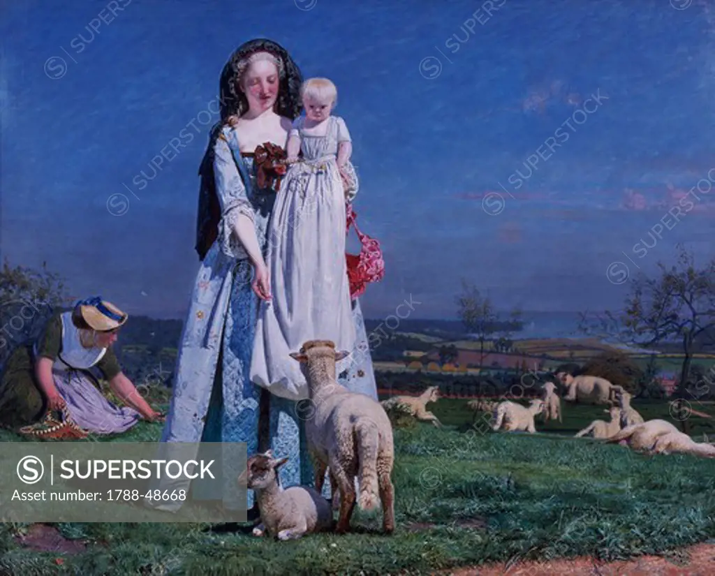 The pretty baa-Lambs, 1852, by Ford Madox Brown (1821-1893), oil on panel, 26x20 cm.