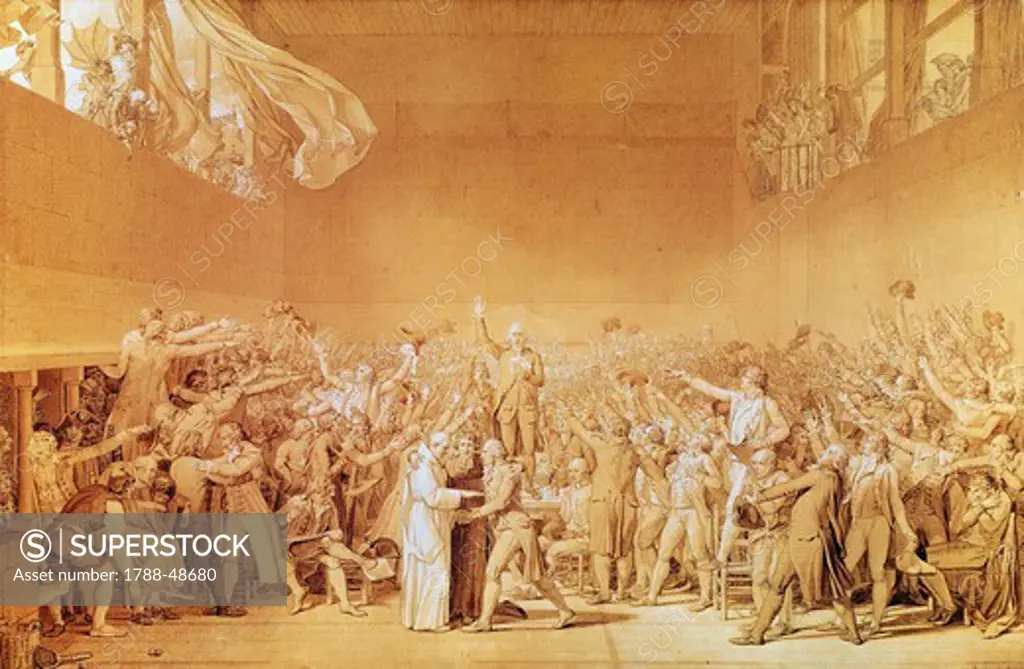 Tennis court or ball game oath, by Jacques-Louis David (1748-1825), drawing.