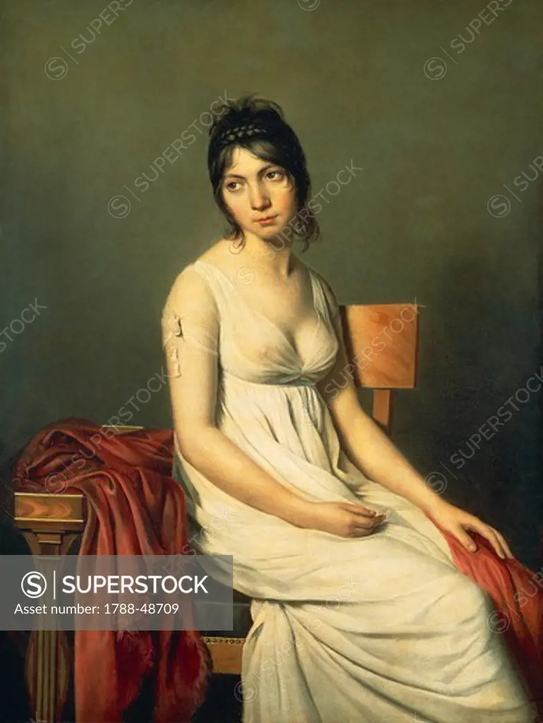 Portrait of young woman in white, ca 1798, by an unknown artist from the Jacques-Louis David School, oil on canvas, 125.5x95 cm.