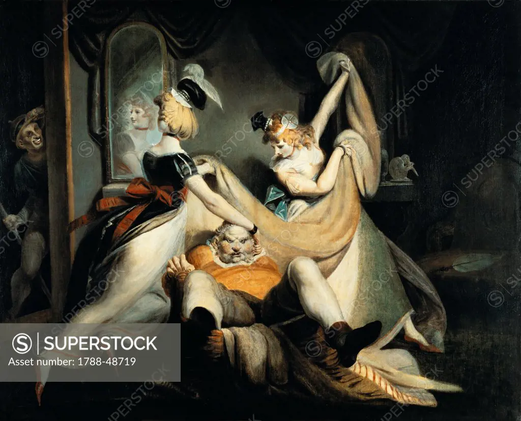 Falstaff in the laundry basket, 1792, by Johann Heinrich Fussli (1741-1825), oil on canvas, 137x170 cm.