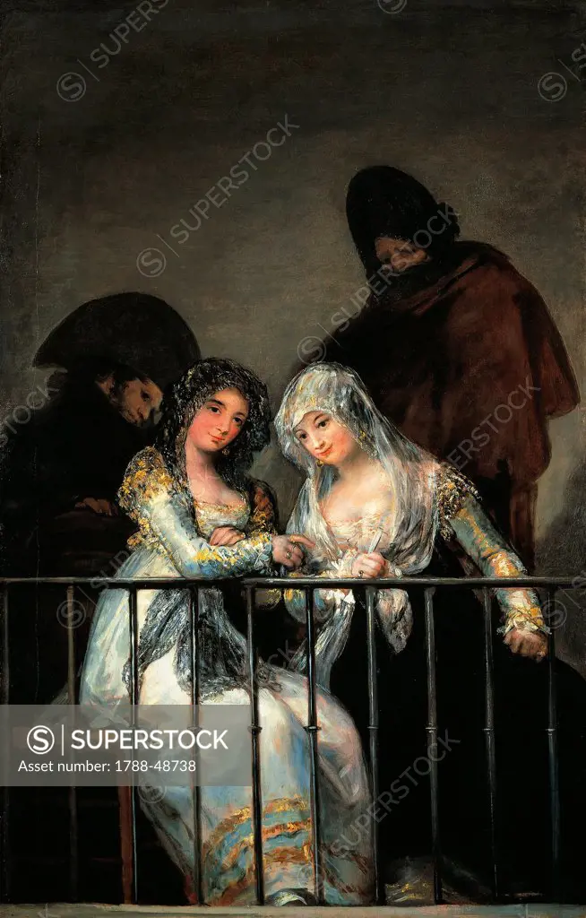 Majas on a balcony, painting attributed to Francisco de Goya (1746-1828), oil on canvas, 194x125 cm.