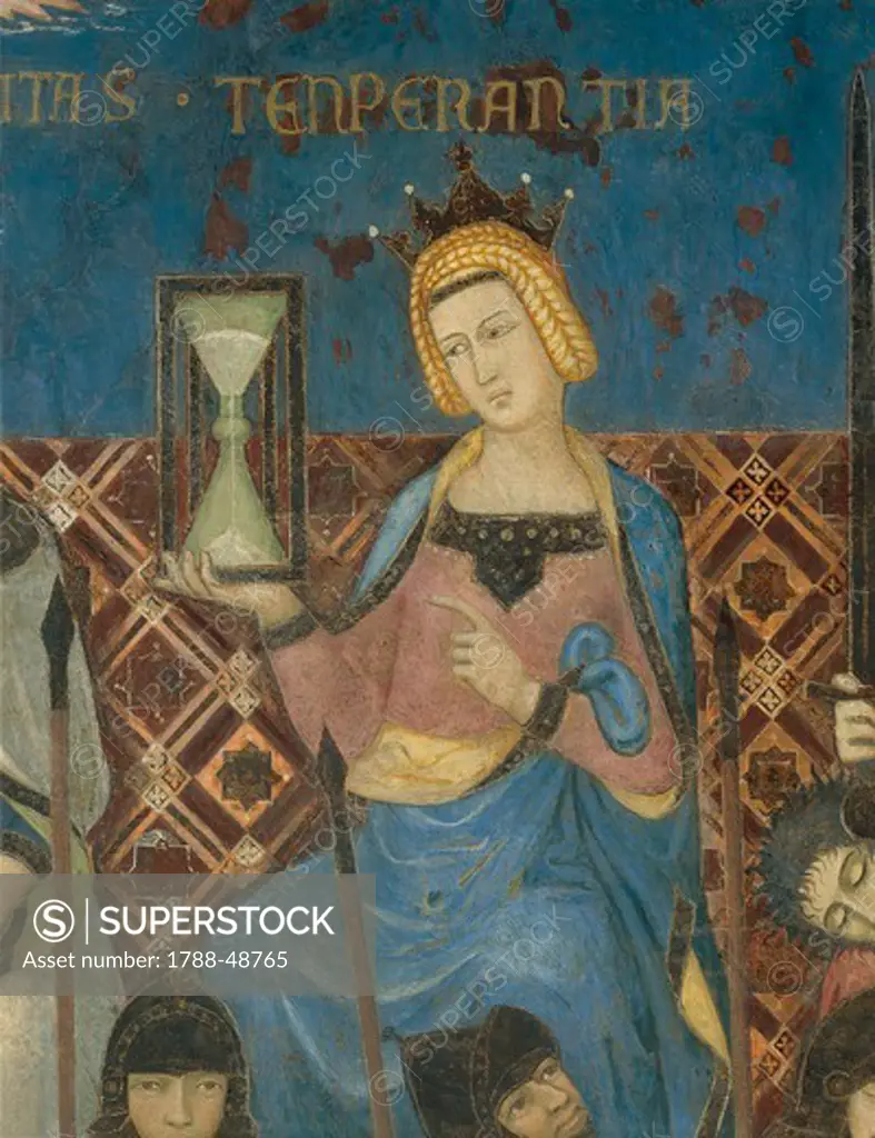 Allegory of Good Government, Temperance, detail from the Allegory and Effects of Good and Bad Government on Town and Country, 1337-1343, by Ambrogio Lorenzetti (active 1285-1348), fresco. Room of Peace, Town Hall, Siena.