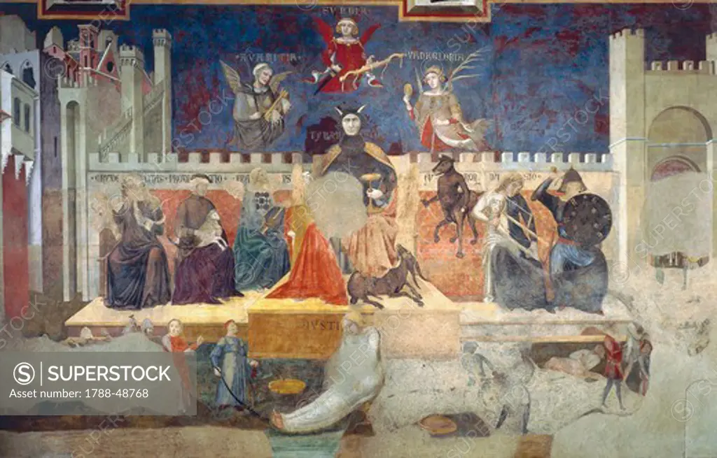 Allegory of bad government, detail from Allegories of Good and Bad Government and their effects on town and countryside, 1338-1339, by Ambrogio Lorenzetti (1290-ca 1348), fresco. Hall of Peace, Palazzo Pubblico, Siena.