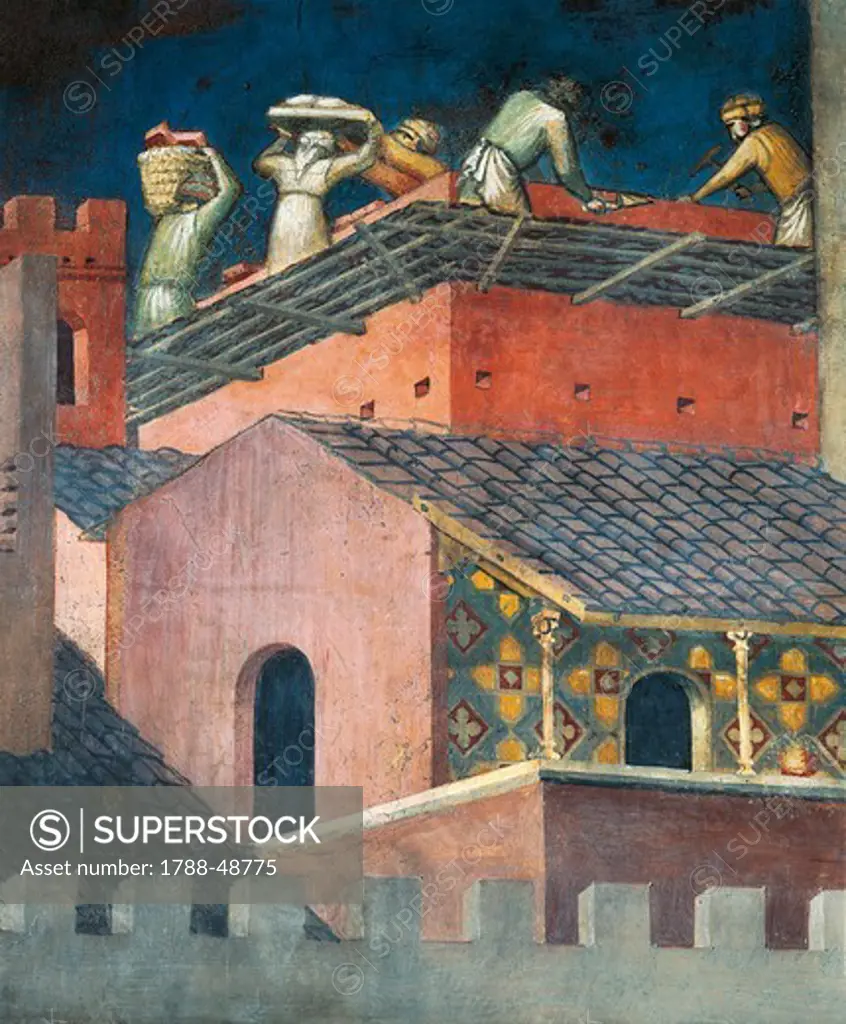 Effects of Good Government in the city, masons at work, detail from the Allegory and effects of good and bad government in town and country, 1337-1343, by Ambrogio Lorenzetti (active 1285-1348), fresco. Hall of Peace, Palazzo Publico, Siena.