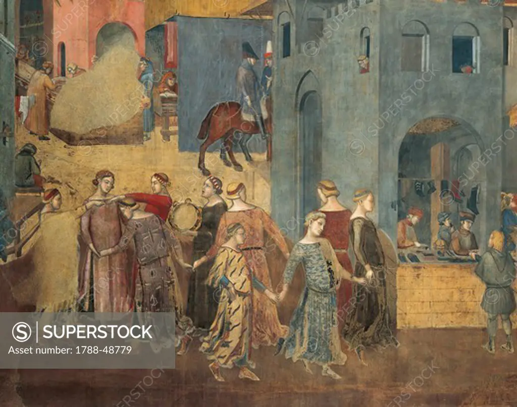 Effects of Good Government in the city, procession of women dancing, detail from the Allegory and effects of good and bad government in town and country, 1337-1343, by Ambrogio Lorenzetti (active 1285-1348), fresco. Hall of Peace, Palazzo Publico, Siena.