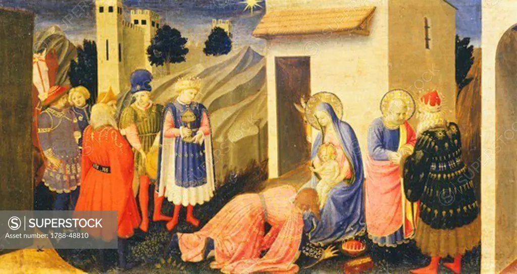 Predella depicting the Adoration of the Magi, detail from the Annunciation of Cortona, ca 1430, by Giovanni da Fiesole known as Fra Angelico (1400-ca 1455), tempera on wood, 175x180 cm.