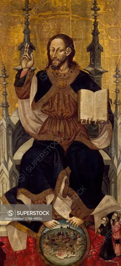 Salvator Mundi, ca 1420, by the Master of Retascon (active ca 1420), tempera on panel, 166x84 cm.