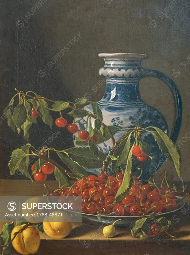 Still life with fruit and jar, ca 1773, by Luis Egidio Melendez (1716-1780), oil on canvas, 49x37 cm.