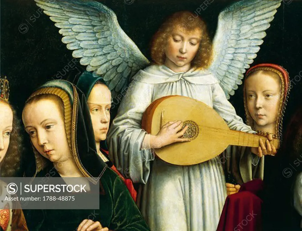 Angel Musician, detail from The Virgin among the Virgins, 1450, by Gerard David (ca 1460-1523), oil on canvas, 120x213 cm.