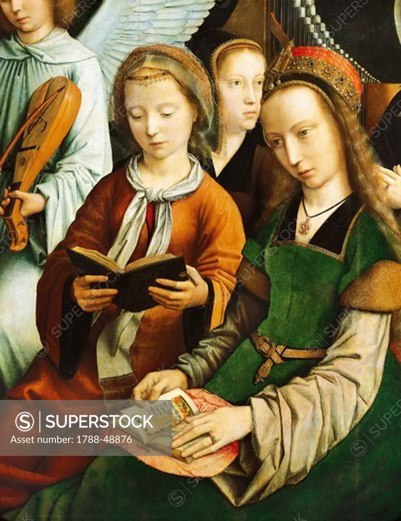 Saint Barbara and Saint Cecilia reading, detail from The Virgin among the Virgins, 1460, by Gerard David (ca 1460-1523), oil on canvas, 120x213 cm.