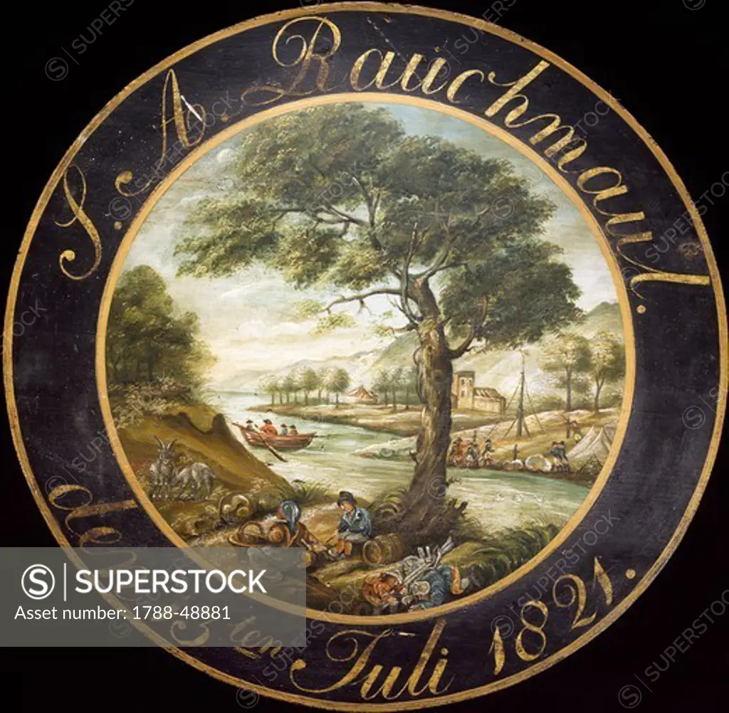 River landscape, 1821, by Rauchmaul. Targets used in shooting competitions.