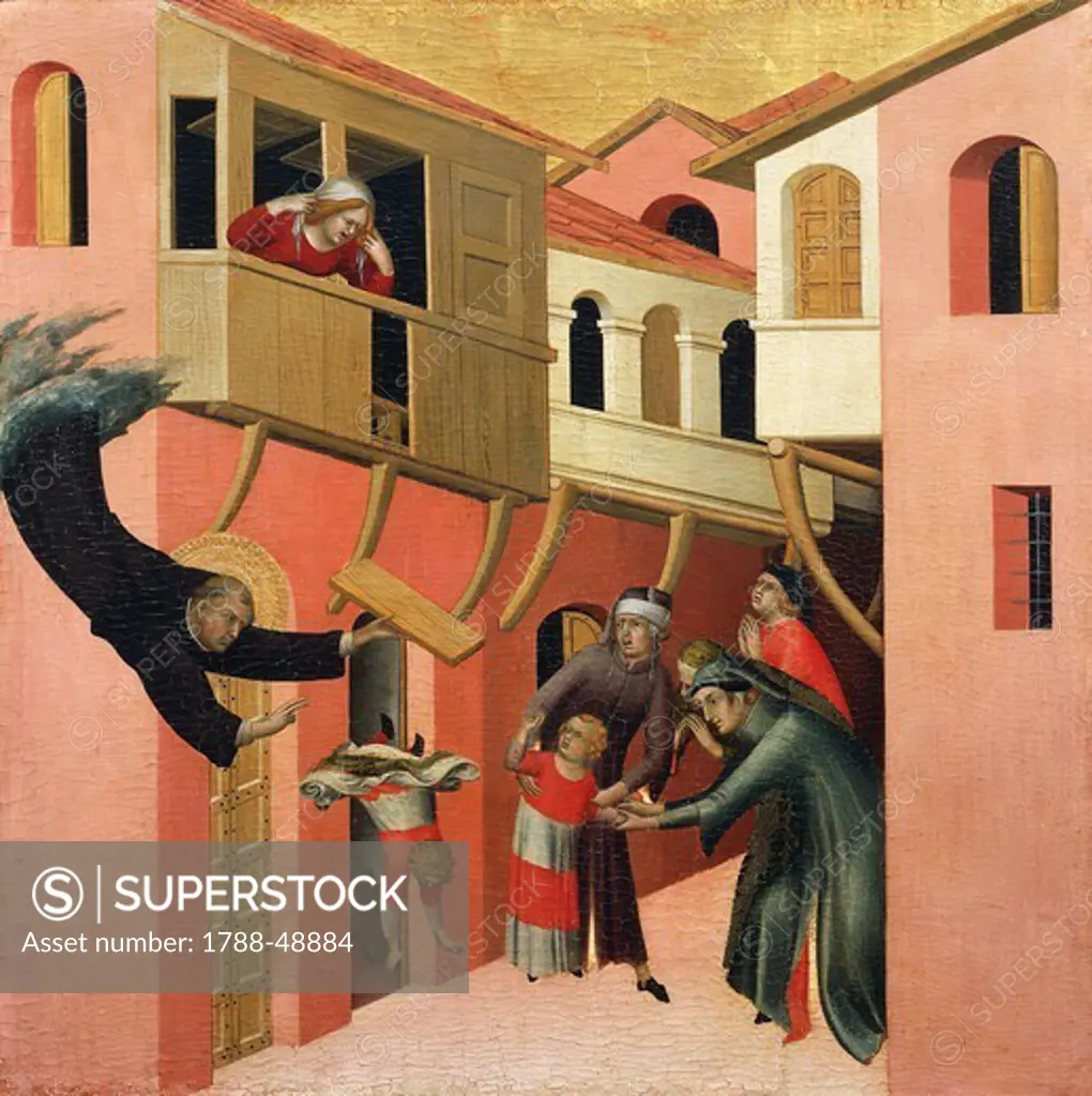 Miracle of the baby falling from the balcony, detail from the Altarpiece with the Blessed Agostino Novello, 1328, by Simone Martini (ca 1284-1344), tempera on panel, 200x256 cm.