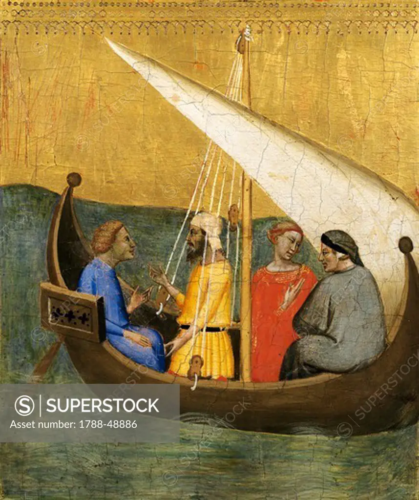 Boat trip, detail of the predella showing Stories of the Sacra Cintola, by Bernardo Daddi (1290-1348).