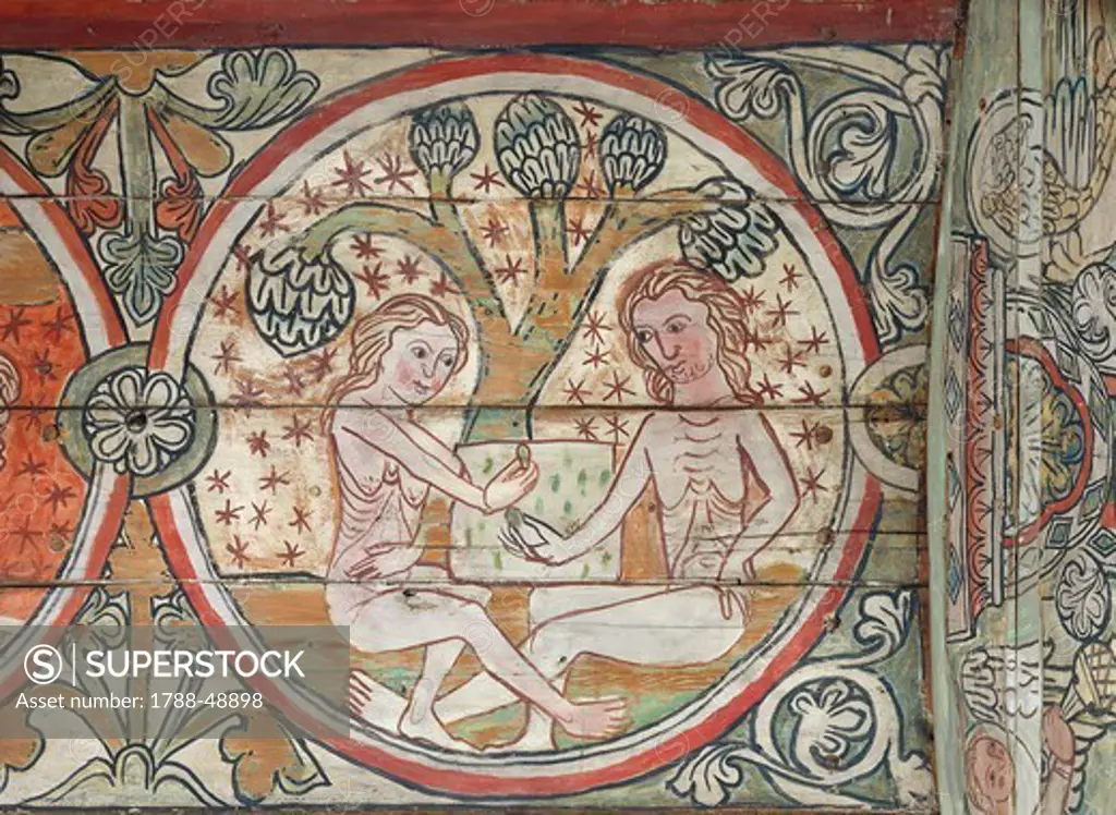 Adam and Eve in the Garden of Eden, decoration from the Al Stavkirke (stave church), fresco. Norway, late 13th century.