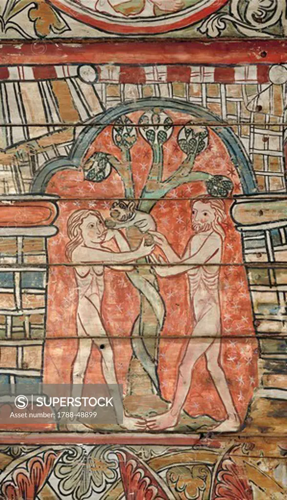 Adam and Eve's original sin, decoration from the Al Stavkirke (stave church), fresco. Norway, late 13th century.