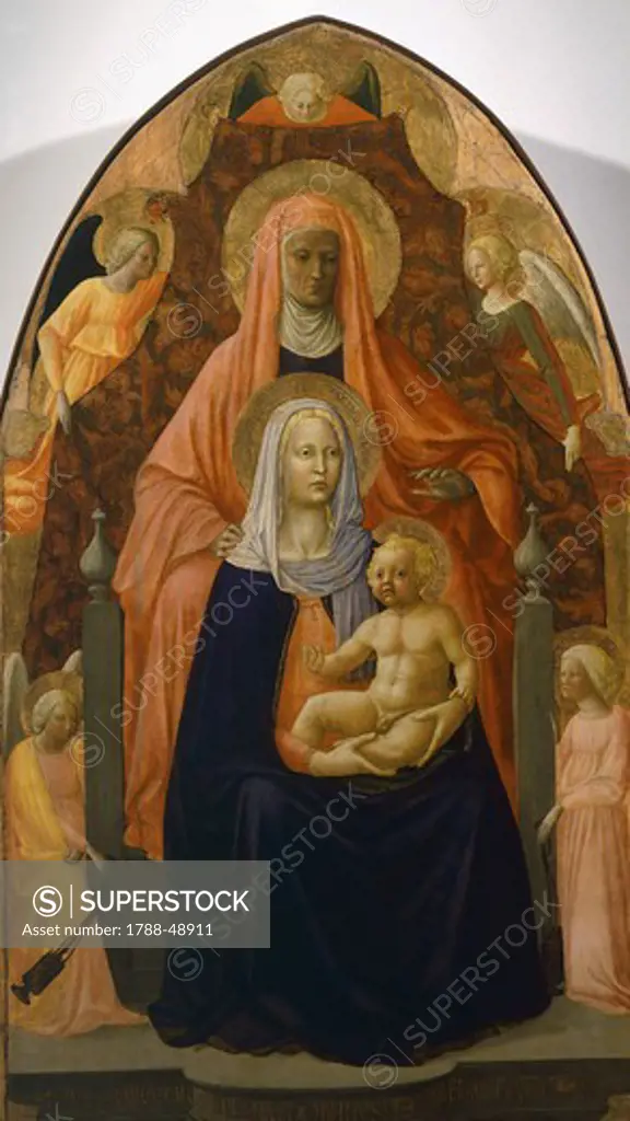 Sant'Ambrogio Altarpiece: Madonna and Child with St Anne, ca 1424-1425, by Masaccio (1401-1428) and Masolino (1383-1447), oil on canvas, 175x103 cm.