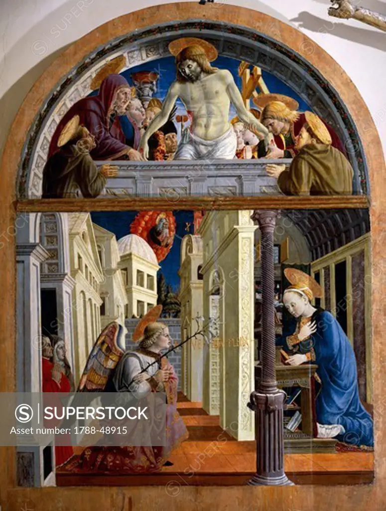 Panel showing the Annunciation, ca 1460, by Girolamo di Giovanni of Camerino (ca 1449-1473).
