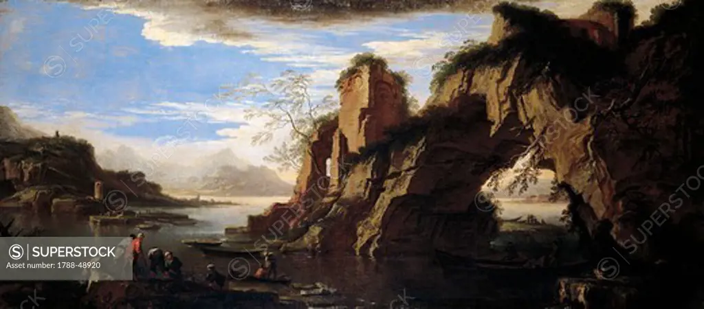 Coastal seascape with rocky arch, by Salvator Rosa (1615-1673).