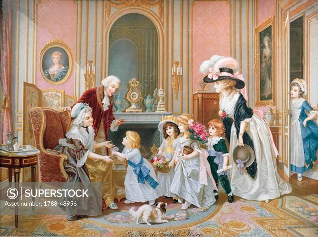 The grandmother's birthday, Louis XVI style decor, chromolithograph. France, early 20th Century.