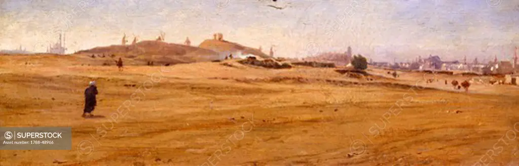 View of the desert with dunes, ca 1875, by Stefano Ussi (1822-1901), oil on panel, 11x34 cm.