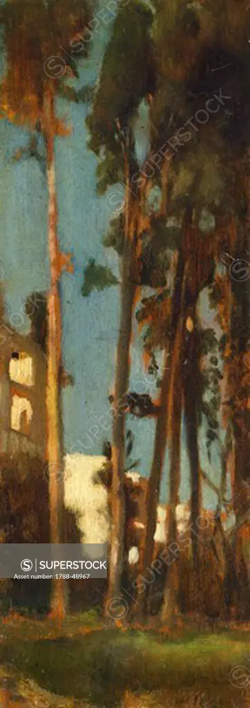 Town with cypress trees and houses, ca 1875, by Stefano Ussi (1822-1901), oil on panel, 30x11 cm.