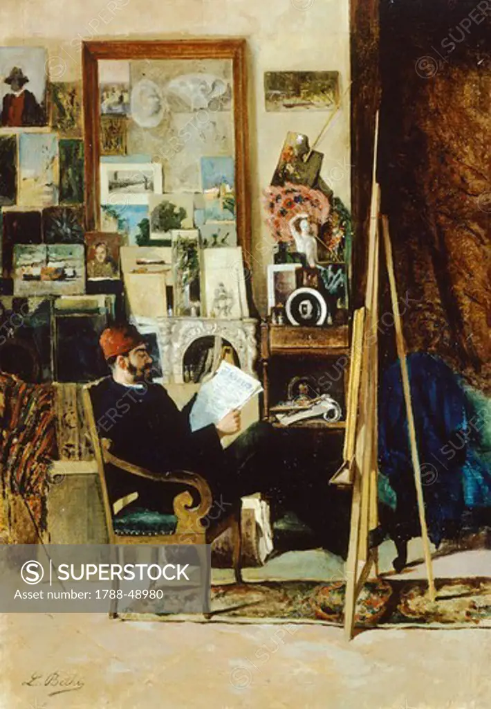 Portrait of the painter Adolfo Belimbau in his studio, by Luigi Bechi (1830-1919).