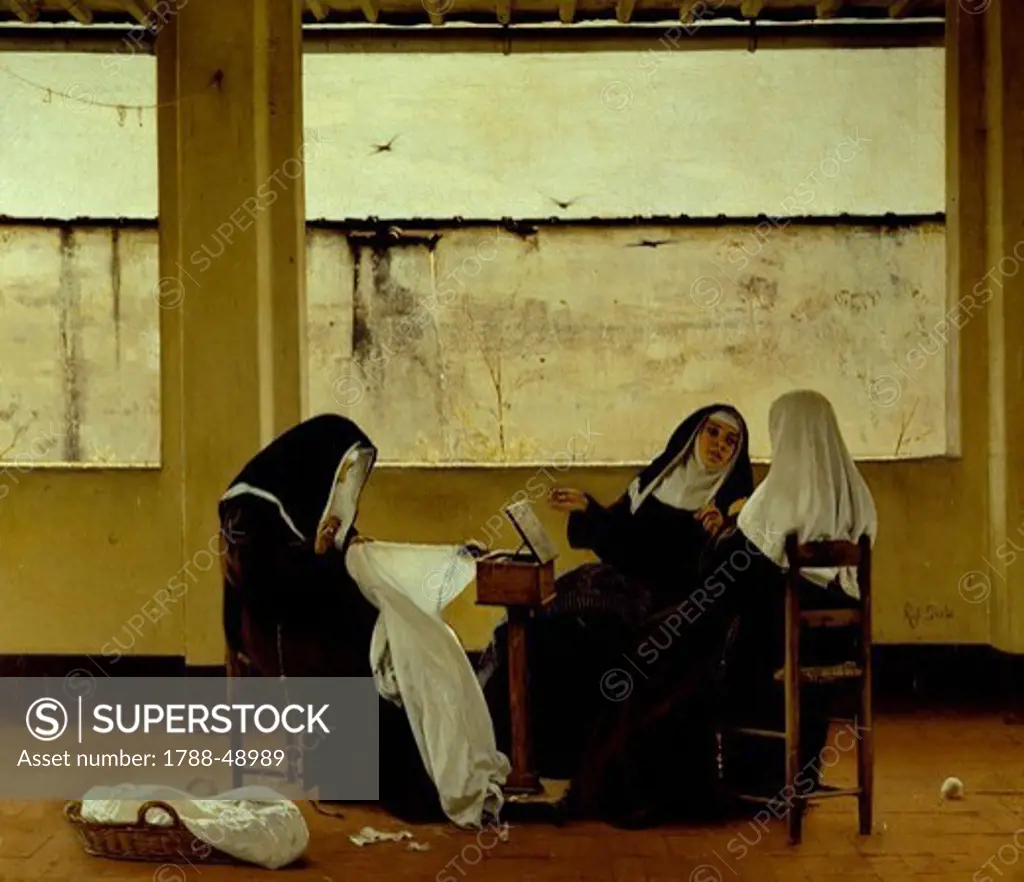 Three nuns sewing, 1870-1872, by Raffaello Sorbi (1844-1931), oil on canvas, 53x61 cm.