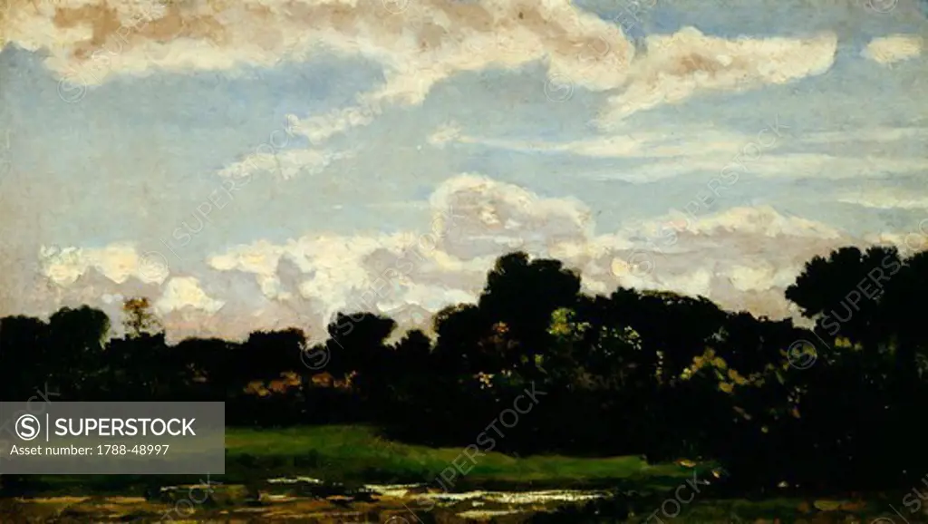 Landscape in San Rossore, 1865-1870, by Pietro Senno (1831-1904), oil on cardboard later transferred onto cardboard, 15x27 cm.