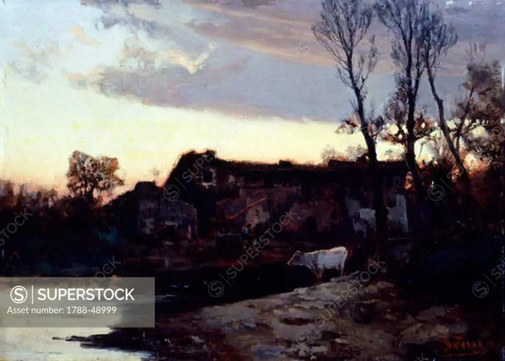 Sunset in the countryside, 1885-1890, by Pietro Senno (1831-1904), oil on panel, 24x33 cm.