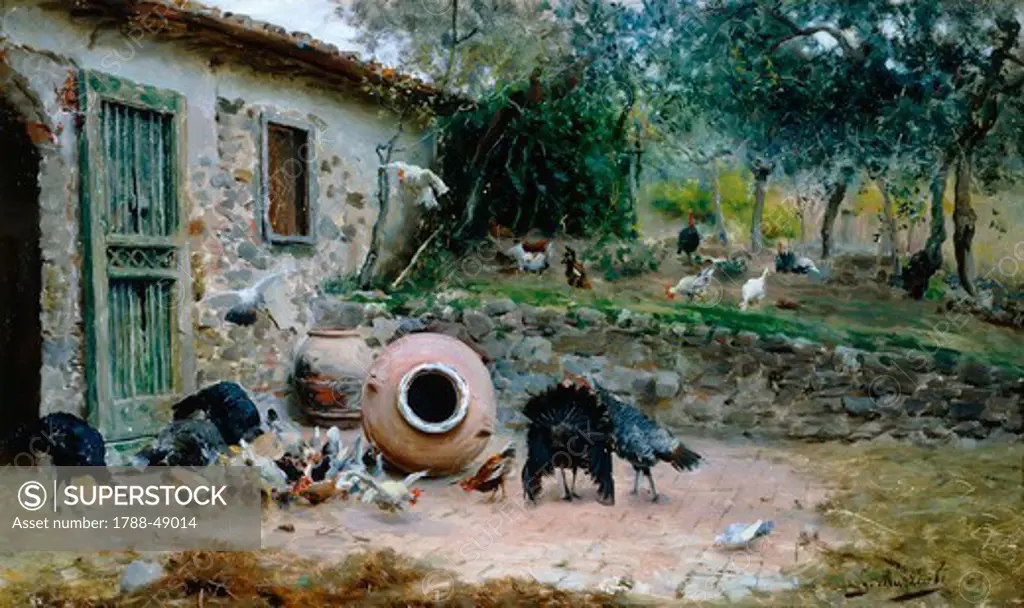 In the farmyard, 1880-1881, by Giovanni Muzzioli (1854-1894), oil on panel, 24x40 cm.
