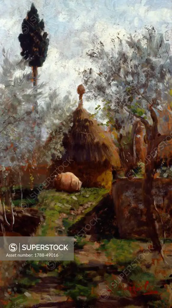 Haystacks between the olive trees, ca 1890, by Giovanni Muzzioli (1854-1894), oil on panel, 40x23 cm.