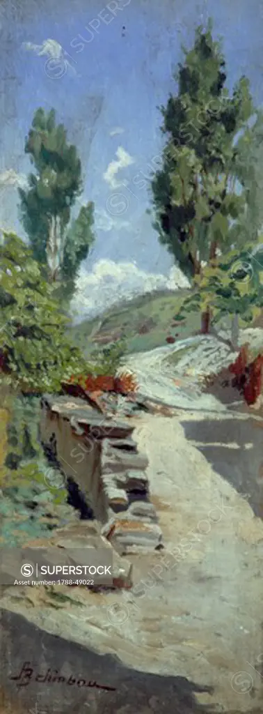 Road in the hills, 1875-1880, by Adolfo Belimbau (1845-1938), oil on panel, 23x9 cm.