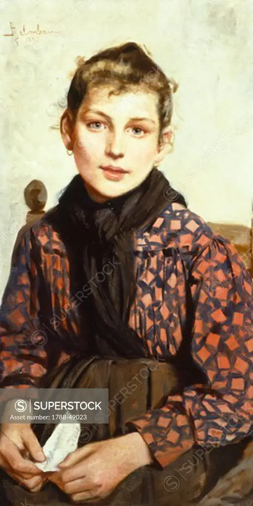Seated girl, 1895, by Adolfo Belimbau (1845-1938), oil on canvas, 71x37 cm.
