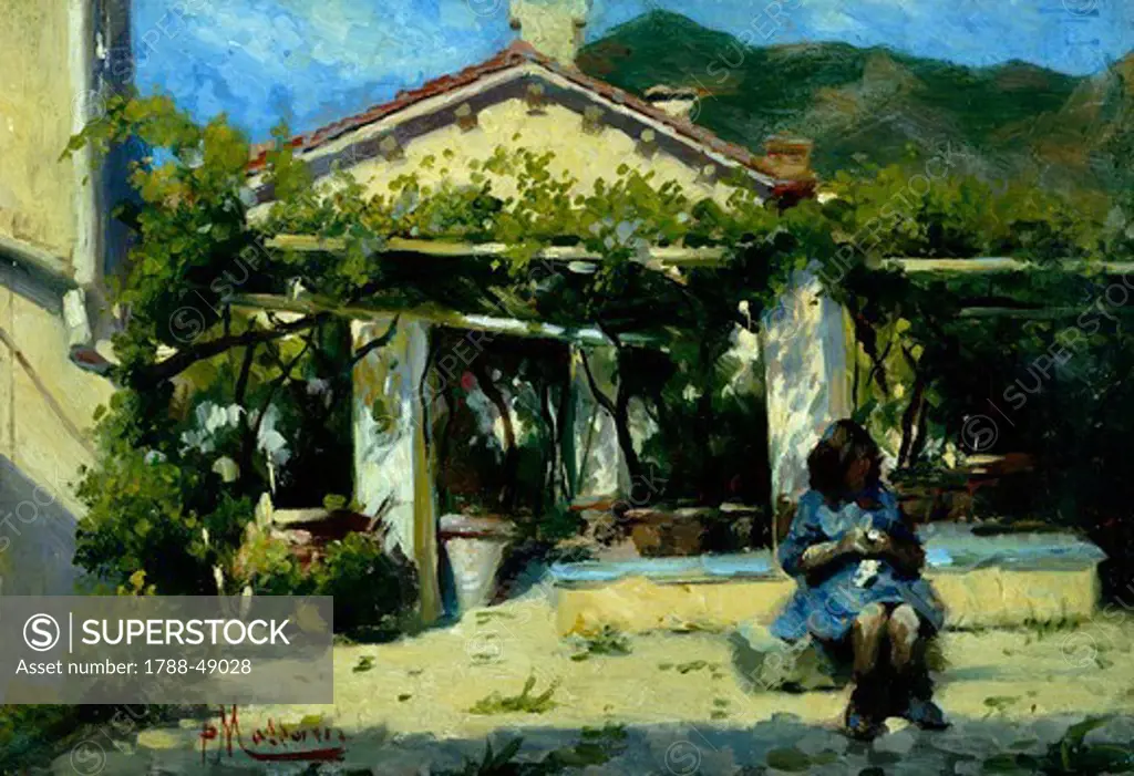 Girl in front of the arbor, ca 1900, by Pompeo Massani (1850-1920), oil on panel, 18x26 cm.