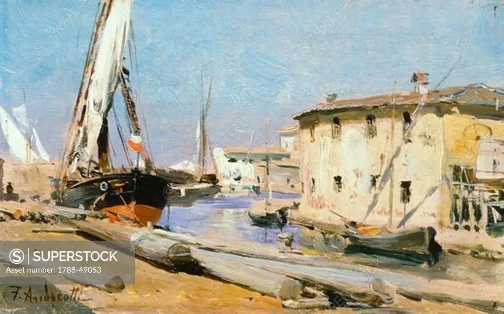 Boats in the harbor, 1885-1890, by Federico Andreotti (1847-1930), oil on panel, 9x15 cm.