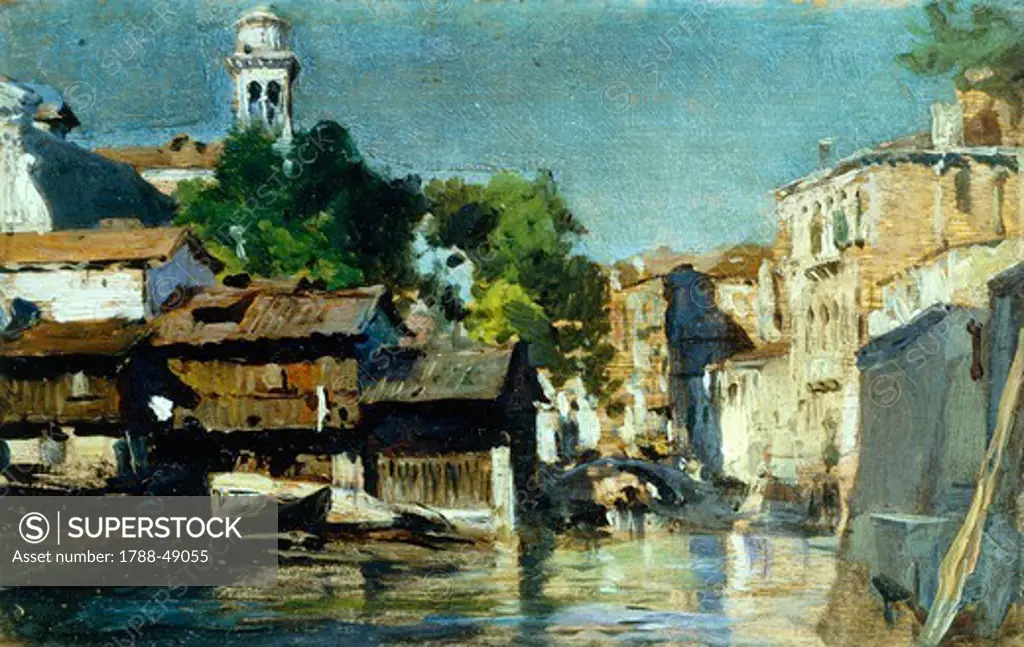 Venice, squero (boatyard) of San Trovaso, 1885-1890, by Federico Andreotti (1847-1930), oil on panel, 9x15 cm.