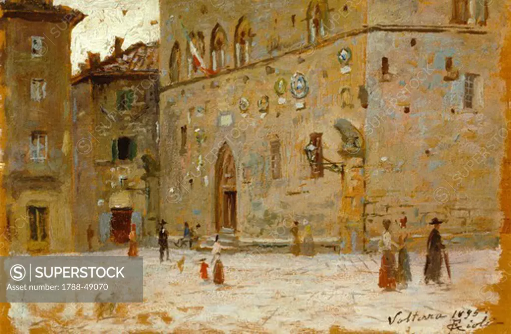 In a square in Volterra, 1895, by Francesco Gioli (1846-1922), oil on panel, 13x19 cm.