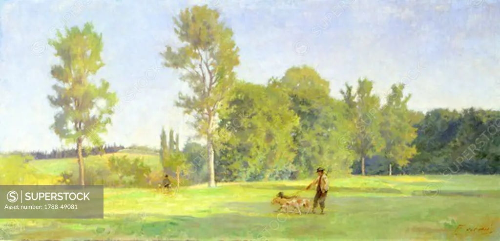 Hunting, 1880, by Eugenio Cecconi (1842-1903), oil on canvas, 37x78 cm.