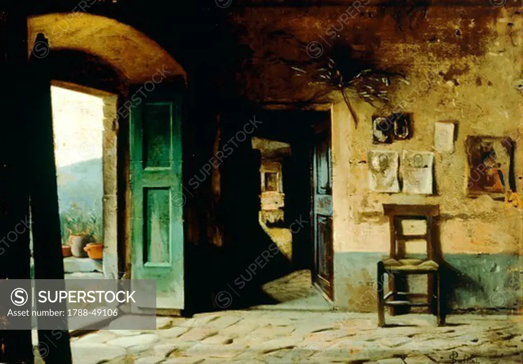 Interior of rural dwelling, 1875-1880, by Pietro Saltini (1839-1908), oil on panel, 20x28 cm.