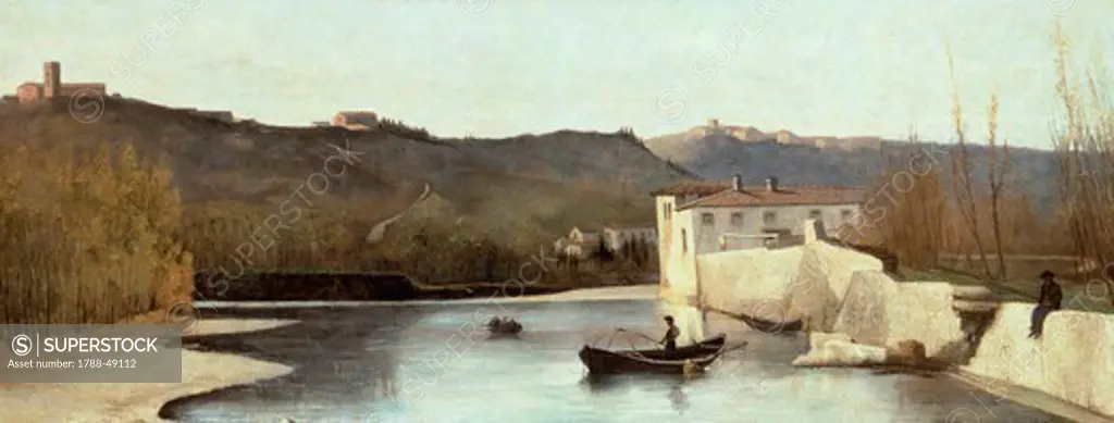 The Arno at the Gualchiere mill, 1865-1870, by Lorenzo Gelati (1824-1893), oil on canvas, 45x116 cm.