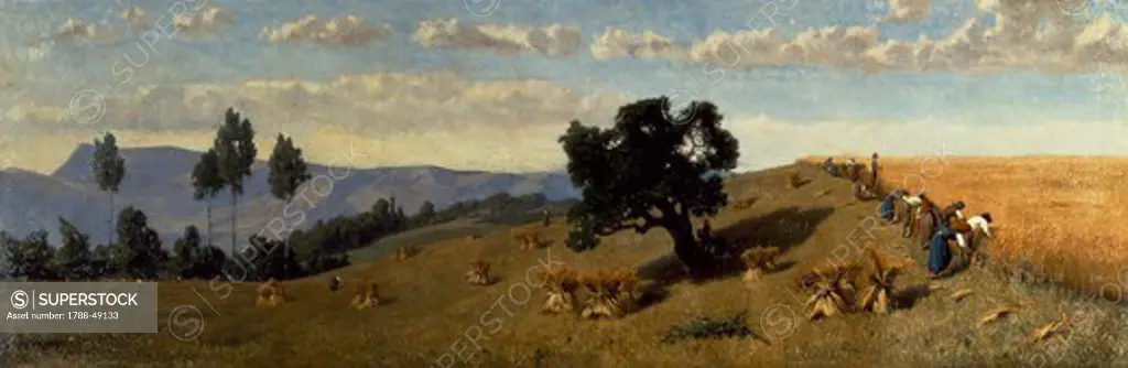The harvest in Le Perteghette, 1864, by Stefano Bruzzi (1835-1911), oil on canvas, 42x128 cm.