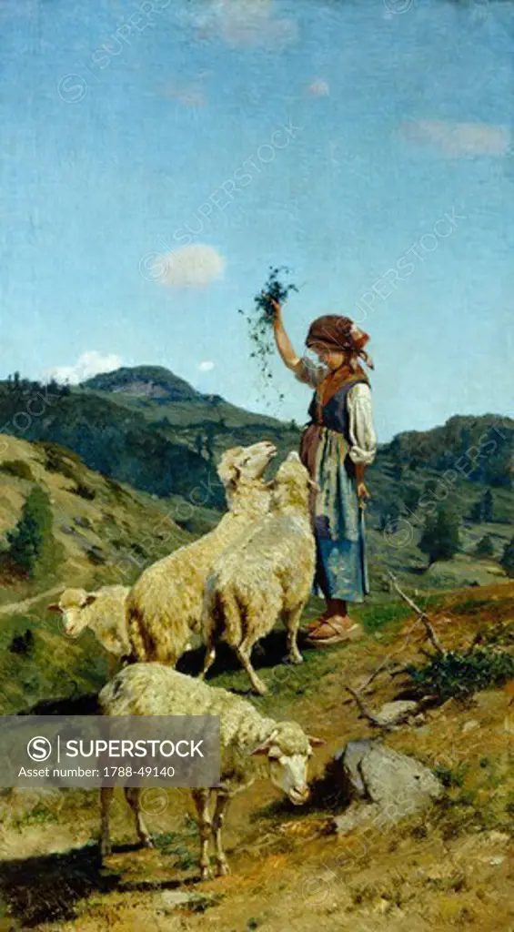 The shepherdess, ca 1875, by Stefano Bruzzi (1835-1911), oil on canvas, 70x40 cm.