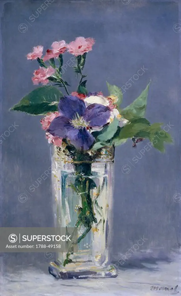 Carnations and clematis in a crystal vase, 1882, by Edouard Manet (1832-1883), oil on canvas, 56x35 cm.