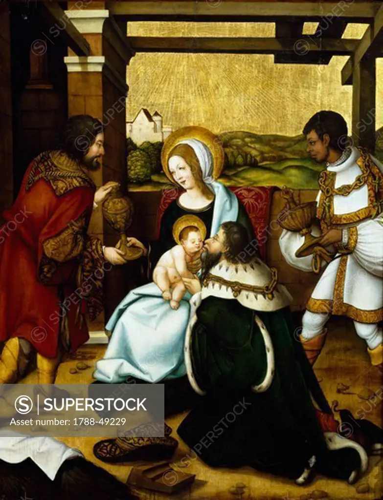 Adoration of the Magi, by the Master of the Seyfriedberg Altar (active ca 1520-1522), panel, 97x75 cm.