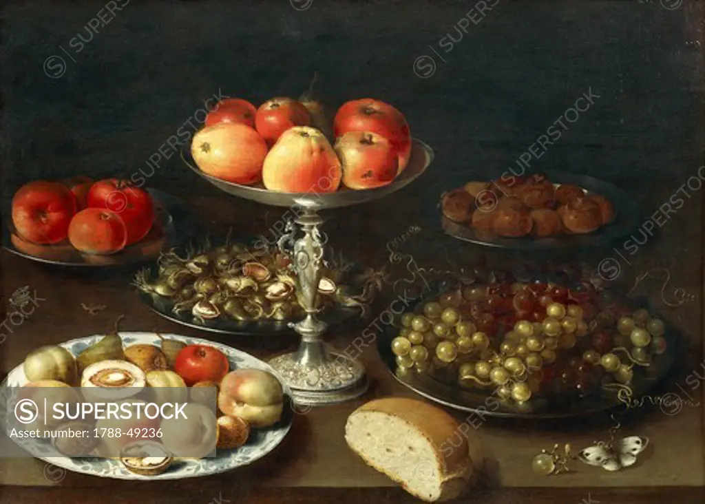 Still life with fruit and bread, by Osias Beert (1580-1624), oil on panel.