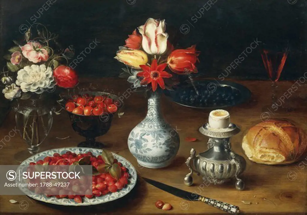 Still life with flowers, fruits, vases and other objects, by Osias Beert (1580-1624), oil on panel.