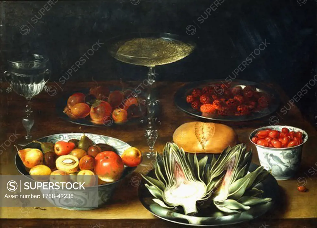 Still life with artichokes, fruit and cups, by Osias Beert (1580-1624), oil on panel.