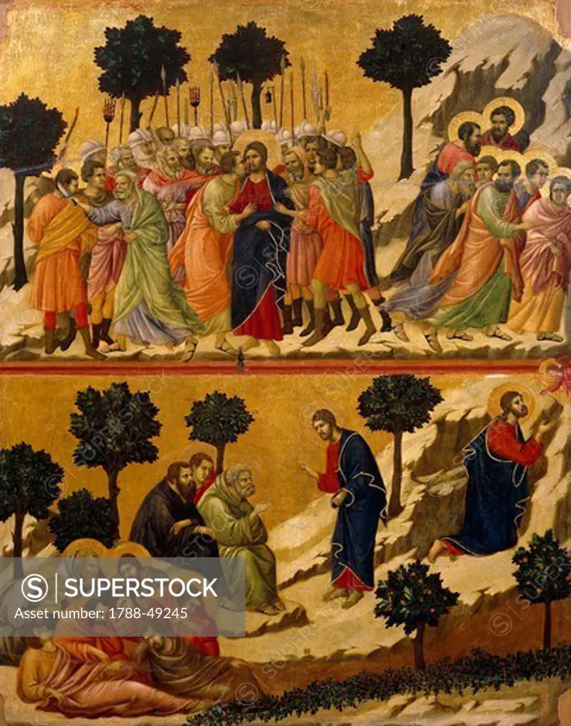 The Kiss of Judas, and the Prayer on the Mount of Olives, detail of a tile from the Episodes from Christ's Passion and Resurrection, the reverse surface of the Maesta' of Duccio Altarpiece in the Cathedral of Siena, 1308-1311, by Duccio di Buoninsegna (ca 1255 - pre-1319), tempera wood.