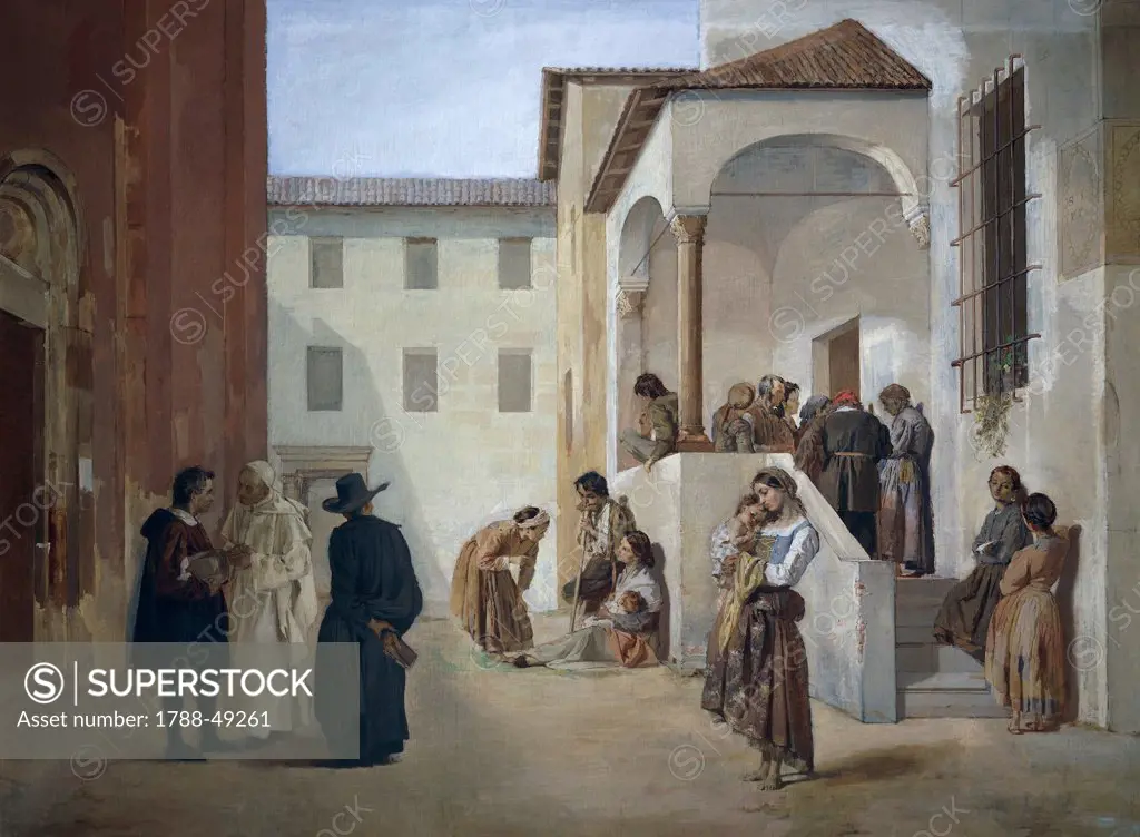 The distribution of medicine to the poor of Santa Corona, 1873, by Ezechiele Acerbi (1850-1920), oil on canvas, 114x161 cm.