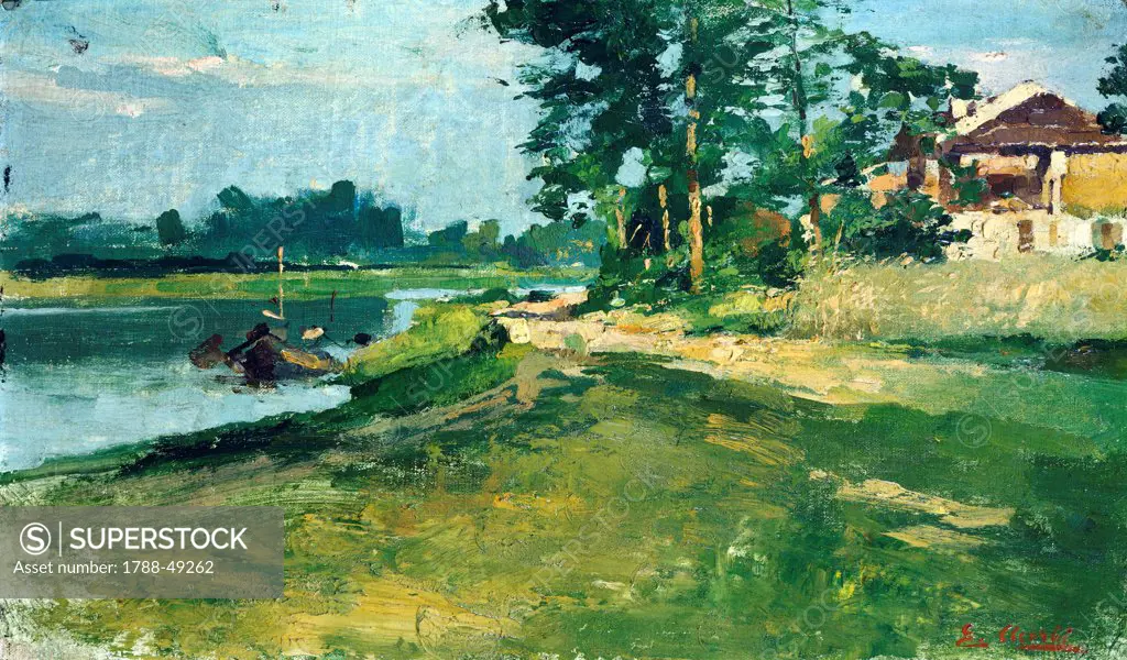 River landscape, by Ezechiele Acerbi (1850-1920), oil on panel, 31x31 cm.